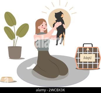 Happily cuddling beloved cat, Experiencing joy and comfort of pet ownership, Pet Adoption concept. Cartoon Vector Illustration Stock Vector