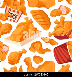 Fried chicken pattern. Seamless print of fast food fried drumstick and nuggets, cartoon crispy poultry food backdrop for fabric textile design. Vector texture of food leg, snack seamless illustration Stock Vector