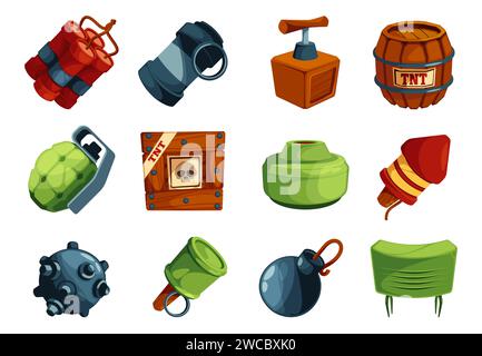 Bombs game ui icons. Cartoon dynamite, grenade, tnt and firecracker icons, explosive weapons for mobile app interface design. Vector isolated set of weapon dynamite effect illustration Stock Vector