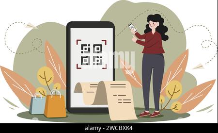 Customer use mobile cashless payment system or scan qr code. Characters using digital banking service and application Contactless pay. vector Stock Vector
