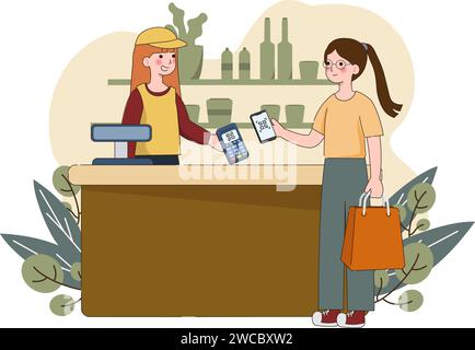 Customer use mobile cashless payment system or scan qr code. Characters using digital banking service and application Contactless pay. vector Stock Vector
