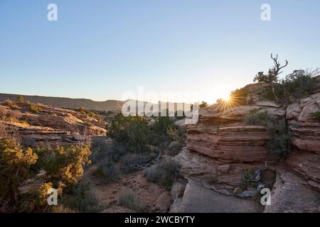 The evening sun goes down over the rocky desert. The rocky and sandy terrain is composed of rock formations and sparse grass and shrubs. Stock Photo