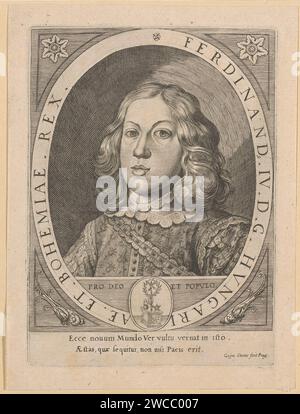 Portrait of Ferdinand IV, Johann Caspar Dooms, after Franciscus de Bruyn, 1650 print Symbols related to alchemy under the portrait. With caption in Latin. Prague paper engraving historical persons. knighthood order of the Golden Fleece - insignia of a knighthood order, e.g.: badge, chain (with NAME of order). ruler, sovereign. crowning with laurel. alchemistic symbols Stock Photo