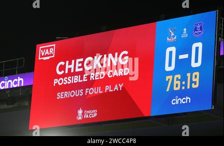 Video Assistant Referee VAR checking for a red card by Dominic Calvert-Lewin of Everton. - Crystal Palace v Everton, Emirates FA Cup Third Round, 3rd Round, Selhurst Park Stadium, Croydon, UK - 4th January 2024. Editorial Use Only - DataCo restrictions apply. Stock Photo