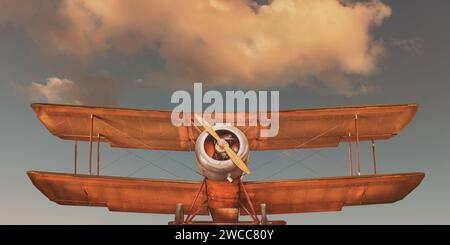 Retro styled image of a vintage double decker airplane in front of a blue sky with clouds Stock Photo