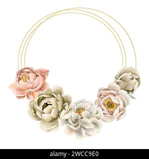 Wreath of white beige peach fuzz peony flowers, buds and green leaves. Floral watercolor illustration hand painted isolated on white background. Perfe Stock Photo