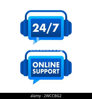 24 7 and Online Support icons with headphones, showcasing round-the-clock customer service and internet assistance for businesses and web services Stock Vector