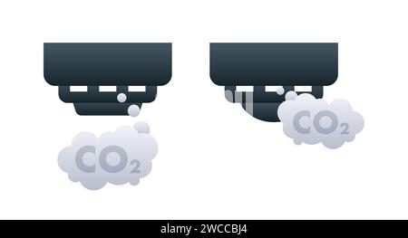 Vector illustration of vehicle exhaust emissions with CO2 clouds representing air pollution and environmental impact Stock Vector