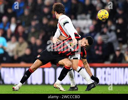 Dominic Solanke of AFC Bournemouth and Tom Lockyer of Luton Town  - AFC Bournemouth v Luton Town, Premier League, Vitality Stadium, Bournemouth, UK - 16th December 2023 Editorial Use Only - DataCo restrictions apply Stock Photo