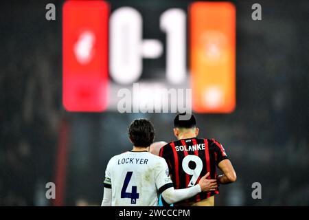 Tom Lockyer of Luton Town and Dominic Solanke of AFC Bournemouth  - AFC Bournemouth v Luton Town, Premier League, Vitality Stadium, Bournemouth, UK - 16th December 2023 Editorial Use Only - DataCo restrictions apply Stock Photo