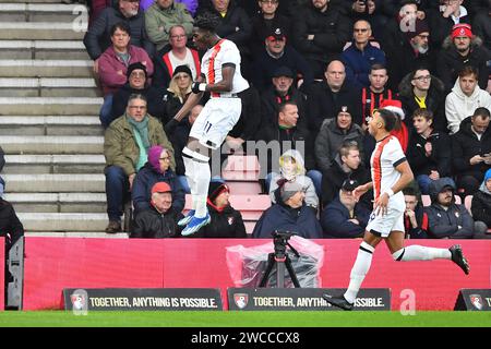 Elijah Adebayo of Luton Town celebrates scoring his teams first goal making the score 0-1  - AFC Bournemouth v Luton Town, Premier League, Vitality Stadium, Bournemouth, UK - 16th December 2023  Editorial Use Only - DataCo restrictions apply Stock Photo