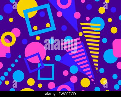 Memphis seamless pattern with geometric shapes in 80s and 90s style. Geometric shapes of different shapes and colors. Design of promotional products, Stock Vector