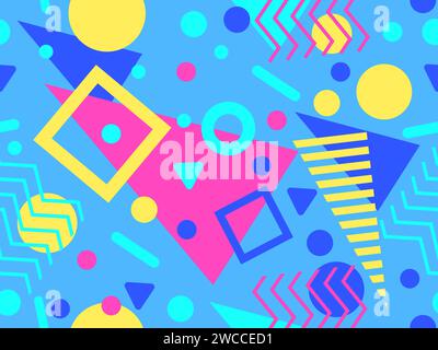 80s seamless pattern with geometric shapes in memphis style. Circles and triangles. Colorful abstract background for printing on promotional items, ba Stock Vector