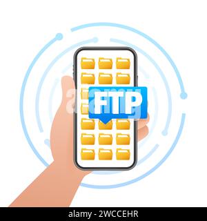 Hand holding a smartphone with FTP File Transfer Protocol icon and folders, concept for file sharing and data management Stock Vector