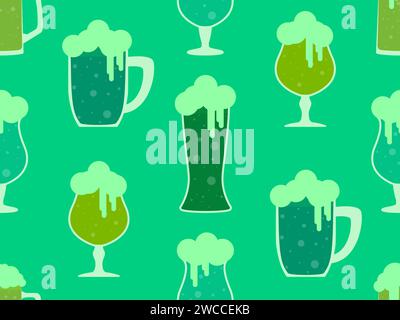 Seamless pattern with glasses of green beer for St. Patrick's Day. Mug of beer with foam in flat style. Beer with foam in glasses of various shapes an Stock Vector