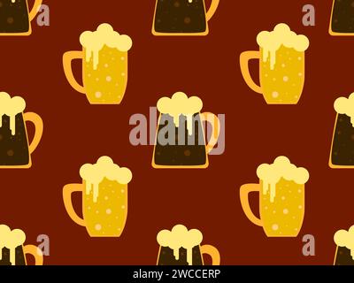 Seamless pattern with glasses of light and dark beer. Mug of beer with foam in flat style. Beer with foam in glasses of various shapes. Design for wal Stock Vector