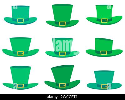 Leprechaun hat icon set isolated on white background. Collection of leprechaun hats for St. Patrick's Day. Hats design for greeting cards, banners and Stock Vector