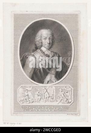 Portrait of Karel Emanuel III, king of Sardinia, Giovanni Marco Pitteri, 1712 - 1786 print Under the portrait a performance with allegorical figures. Under the show a quote from Francesco Petrarca's 'I Trionfi'. Venice paper engraving historical persons. ruler, sovereign Stock Photo