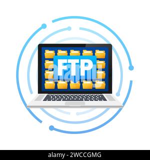 Laptop with FTP File Transfer Protocol interface displaying folders for web and data transfer concepts Stock Vector