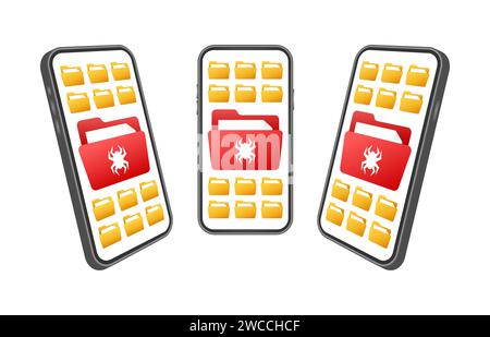 Smartphone Infected with Malware Concept Illustration, depicting virus folders on mobile screen Stock Vector