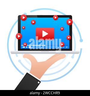 Online video platform concept with play icons on laptop screen, hand holding computer with multimedia interface vector illustration Stock Vector