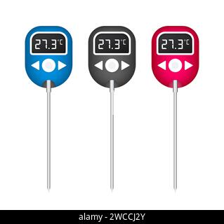 Set of colorful digital food thermometers with modern design, displaying temperature, vector illustration for kitchen use Stock Vector