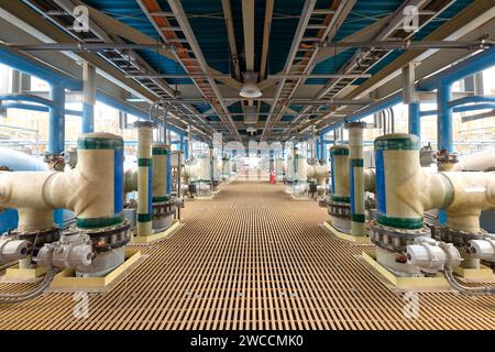 Water pumps in the tanks of a reverse osmosis desalination plant Stock ...