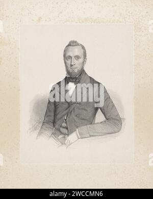 Portrait of an unknown man, Johann Peter Berghaus, 1852 print The portrayed person wears a tie and leans with his left arm on a table. His jacket is held together by a pin. Leiden paper.  historical persons. pin Stock Photo