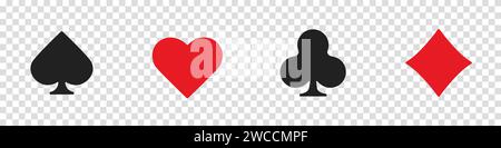 Hearts, clubs, diamonds and spades on an isolated transparent background. Set collection gambling sign symbol of playing card suits and chips for poke Stock Vector