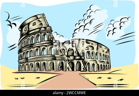 Cartoon background with rome coliseum and ancient buildings vector ...
