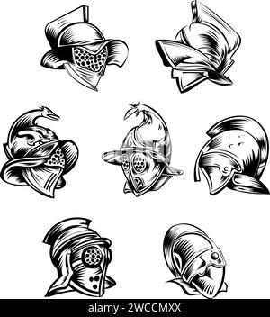 sketch of Roman gladiator armour helmets set vector illustration Stock Vector