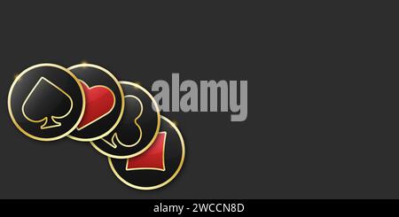 Gambling tokens with suits for poker and casino. Set of red and black poker coins. Diamonds, clubs, hearts, spades chips. Vector illustration on black Stock Vector