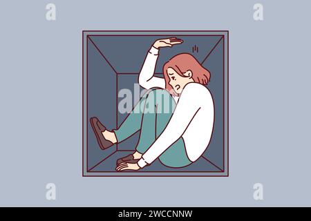 Woman suffering from claustrophobia sits in cramped box and feels pressure of walls, as metaphor for cramped housing. Girl experiences problems due to claustrophobia and fear of closed spaces. Stock Vector