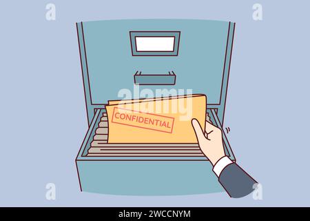 Folder with confidential documents inside safe and hand of person taking out archival papers. Person steals confidential data and commits corporate espionage to obtain insider information. Stock Vector