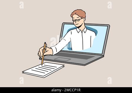 Business man takes notes on paper, looking out of laptop screen during online lecture for students. Consultancy provides remote business assistance services for entrepreneurs and company managers Stock Vector