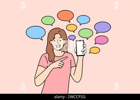 Woman shows off messages pointing fingers at phone and calling for downloading new mobile messenger. Girl smiles standing among dialogue clouds symbolizing exchange of messages on social networks. Stock Vector