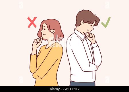 Man and woman with opposing opinions stand with backs to each other and ponder arguments for dispute. Couple with opposing thoughts located near cross or check mark symbolizing differences of opinion Stock Vector