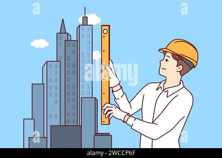 Man architect designs construction of skyscraper and stands near models of downtown holding ruler in hands. Guy works as engineer in construction business, creating architectural plan for new project Stock Vector