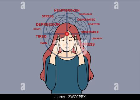 Depressed woman experiencing stress and suffering, clutching head with target, near inscriptions heratbroken or dejected. Girl suffers from psychological pressure causing stress and despair or apathy Stock Vector
