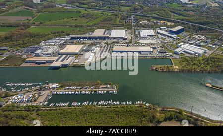 Aerial view, Friedrich der Große industrial estate on the Rhine-Herne Canal, Herner Meer with marina, Horsthausen, Herne, Ruhr area, North Rhine-Westp Stock Photo