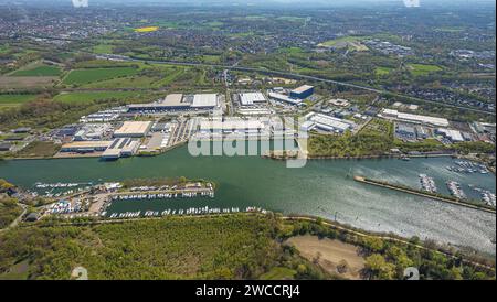 Aerial view, Friedrich der Große industrial estate on the Rhine-Herne Canal, Herner Meer with marina, Horsthausen, Herne, Ruhr area, North Rhine-Westp Stock Photo