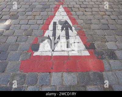 Warning Signs, Two Way Traffic Sign Painted On A Road Stock Photo