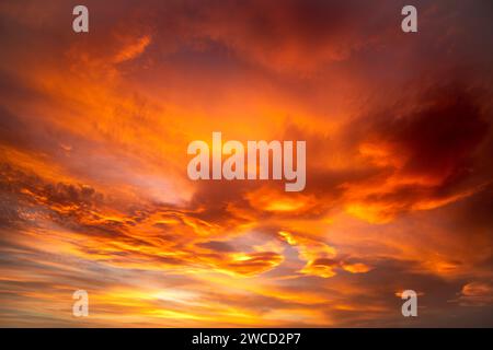 Dramatic sky with high clouds at sunset with different orange, yellow and pink colors perfect for graphic design textures and backgrounds Stock Photo