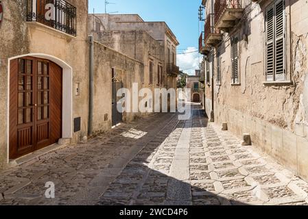 Cobblestone street in the historic center of Erice, province of Trapani, Sicily, in Sicily, Italy Stock Photo