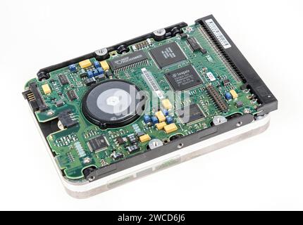 Old computer hard disk drive circuit board Stock Photo