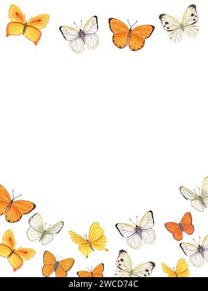 Frame with yellow, orange and white butterflies. Green leaves, flowers, buds. Blooming , cabbage, scarce copper butterflies. Watercolor illustration. Stock Photo