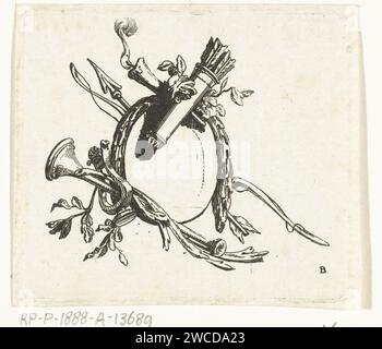 Vignette with musical instruments, burning torch, arrow and arch and arrow cooker, Willem Bilderdijk, 1766 - 1831 print  Netherlands paper etching torch. musical instruments; group of musical instruments. attributes of Cupid: arrow(s). attributes of Cupid: bow. vignette Stock Photo