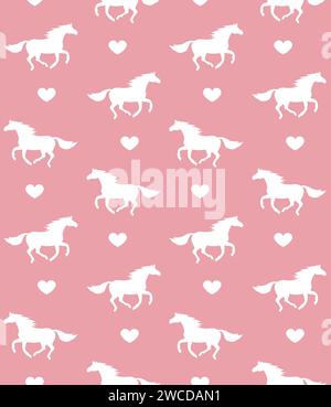 Vector seamless pattern of flat hand drawn horses and hearts silhouette isolated on pink background Stock Vector