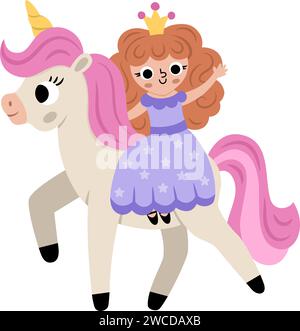 Vector fairy icon. Fantasy sorceress with crown riding a unicorn with pink hair. Fairytale character in purple robe with stars. Cartoon magic princess Stock Vector
