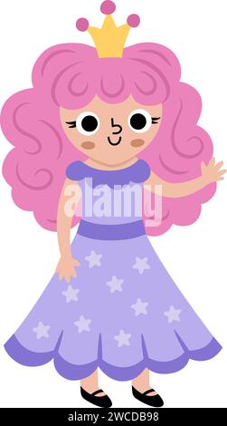 Vector fairy icon. Fantasy sorceress with pink hair and crown. Fairytale character in purple robe with stars. Cartoon magic princess isolated on white Stock Vector